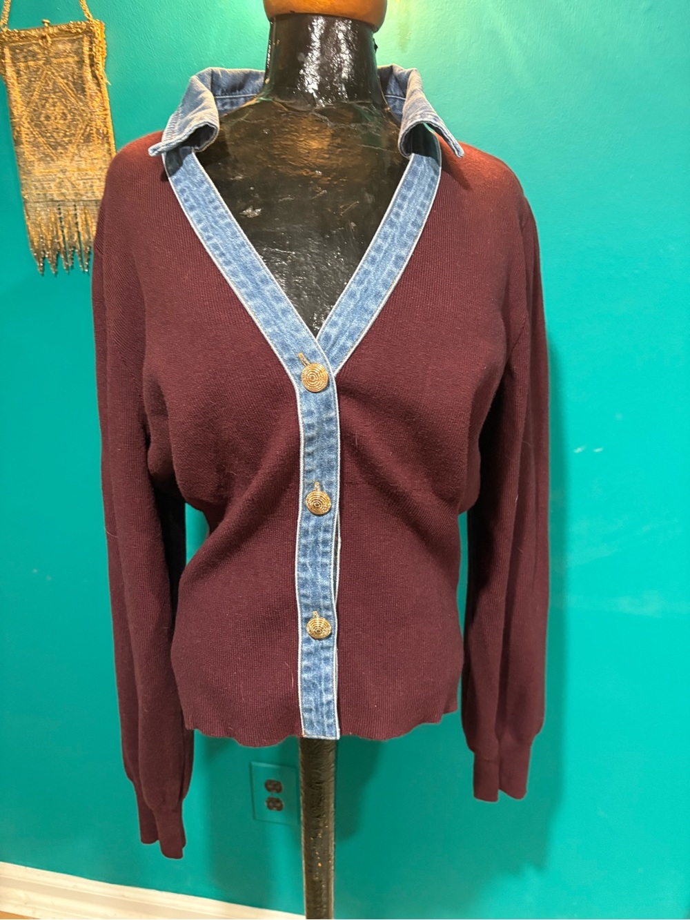 Denim-Trim Burgundy V-Neck Button Cardigan Sweater